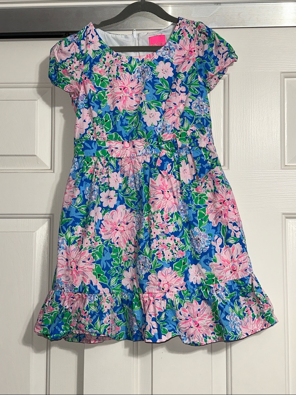 Lilly Pulitzer Girls Blue Floral Cap Sleeve Dress with Pink & Green Accents